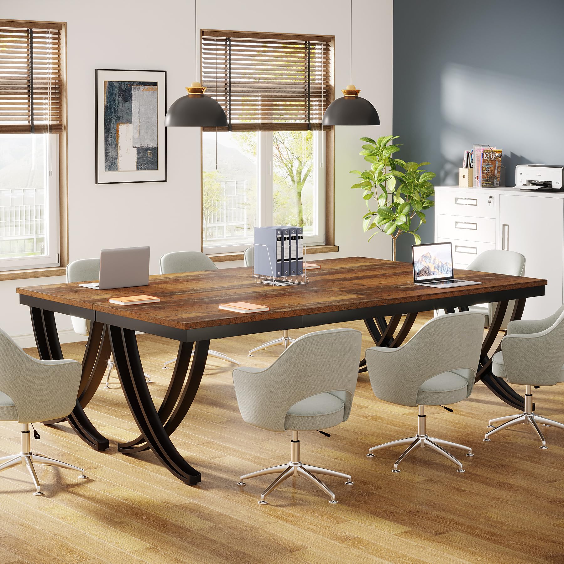 6.5FT Conference Table for 6-8 People, 78 inch Long Rectangular Seminar Table with Strong Metal Frame, Business Furniture Boardroom Desk for Office Meeting Conference Room (2PCS, Mix Brown)