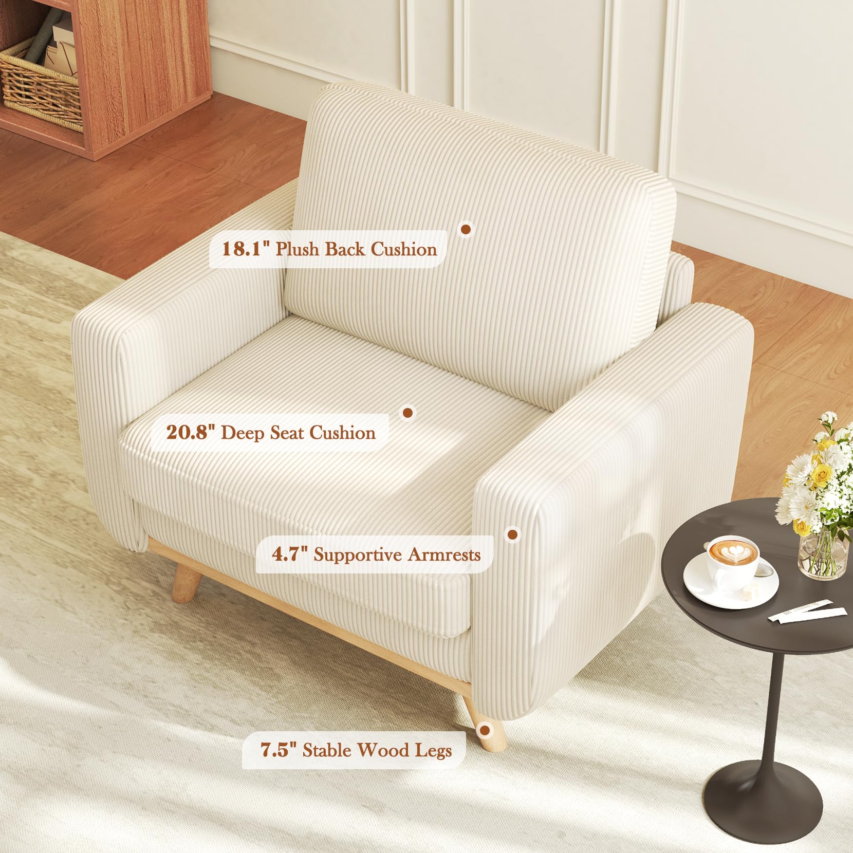 38.5" Accent Chair Beige, Comfy Corduroy Single Sofa Seat with Spring Cushion, Upholstered Armchair with Deep Seat, Reading Chair for Adults, Modern Sofa for Living Room, Bedroom