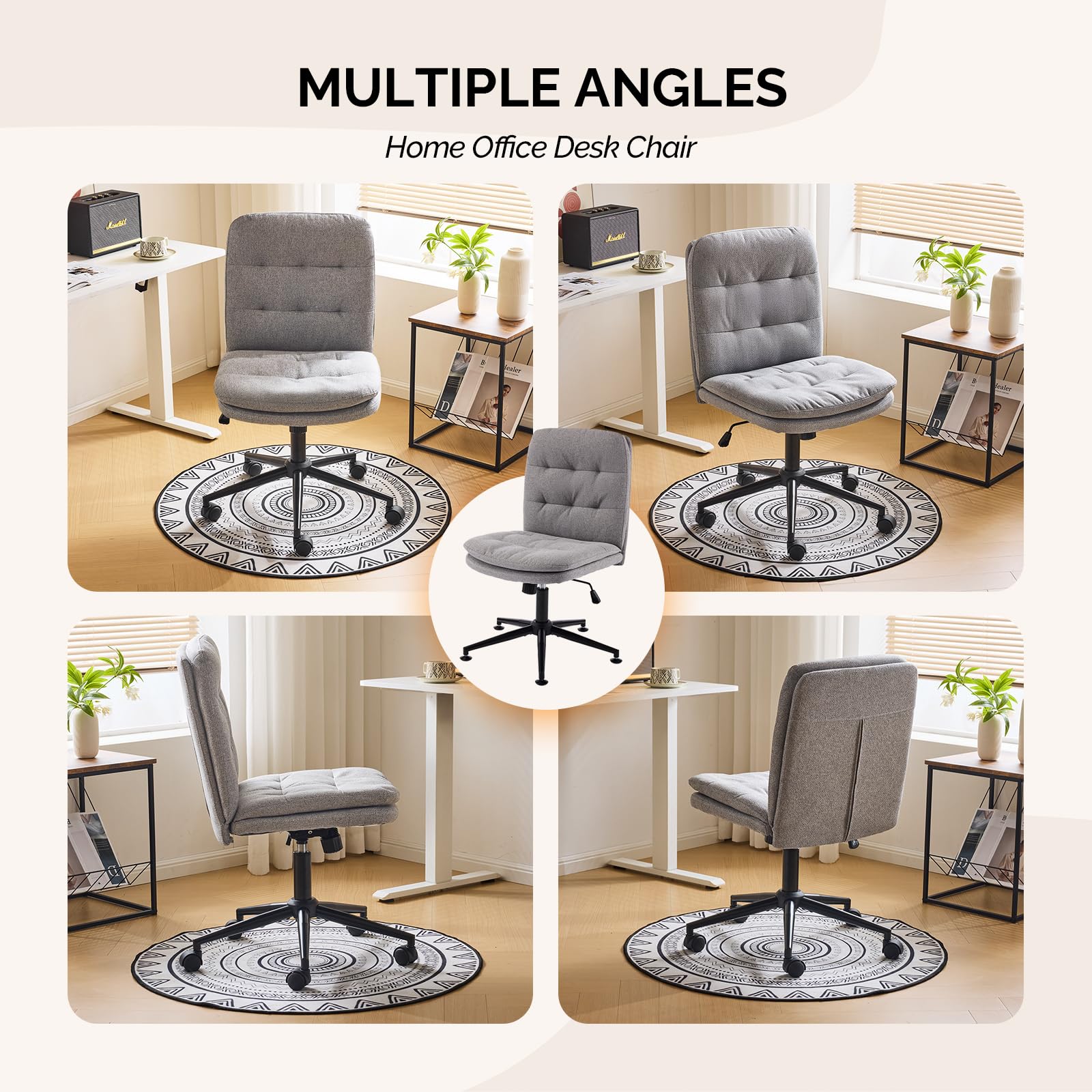 Mid Back Armless Office Desk Chair with Wheels/no Wheels,360°Rocking Swivel Vanity Chair with Thickened Cushion,Adjustable Height Rolling for Reading Room, Make up, Linen Dark Grey