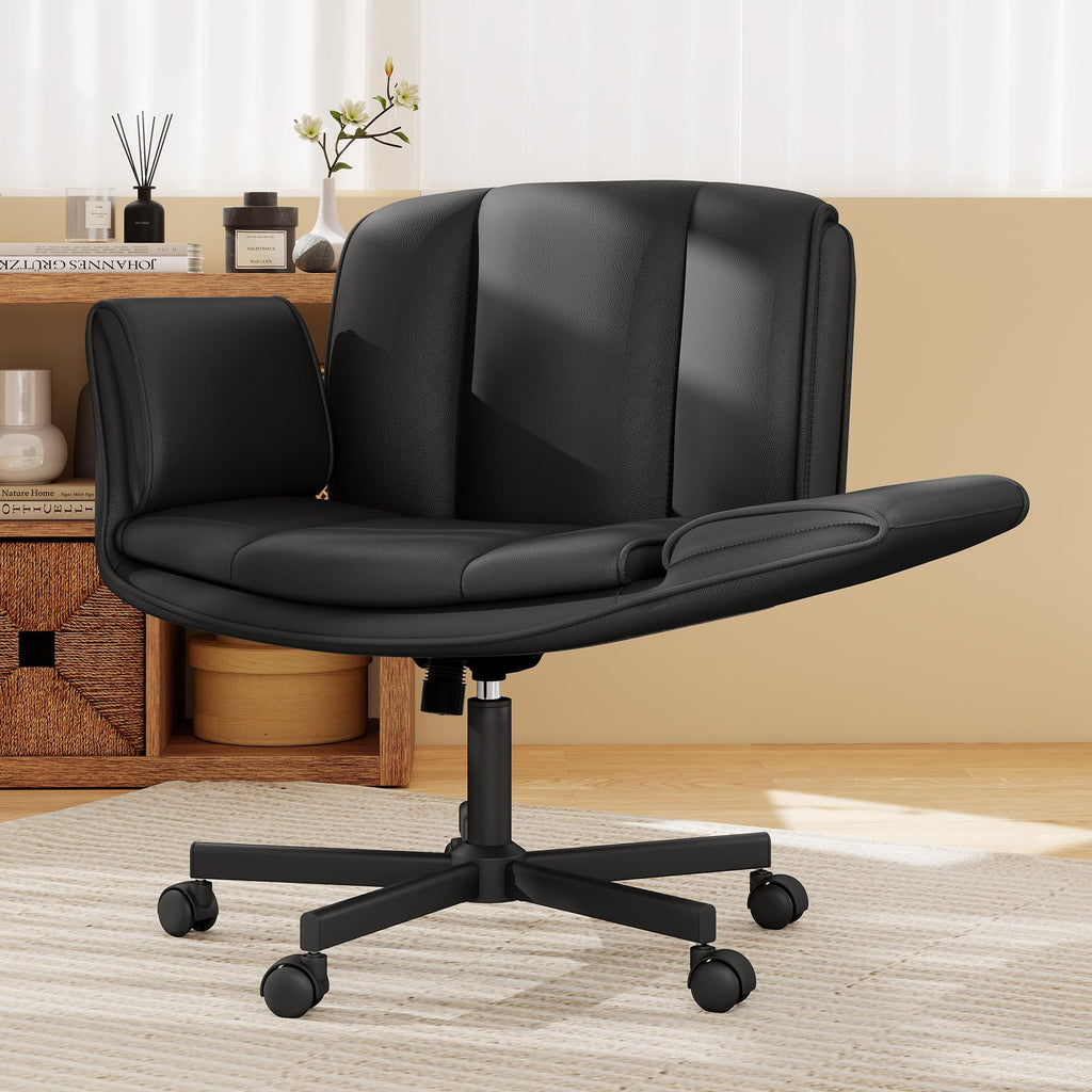 Criss Cross Chair with Wheels & Armrests,Comfy Wide Vanity Chair,Scratch-Resistant Pu Leather Cross Legged Desk Chair,Height Adjustable Computer Office Desk Chairs for Home,Makeup,Bedroom