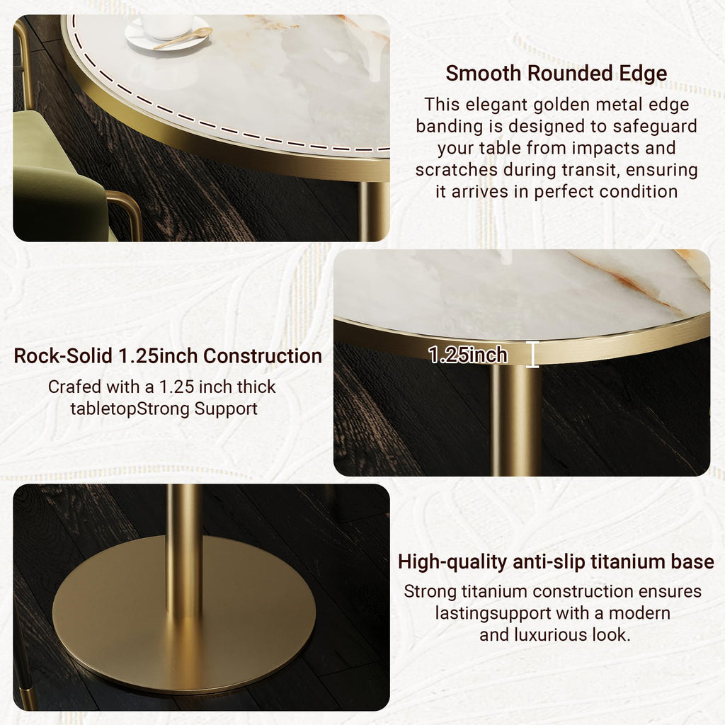 hausway 31.5" Tulip Table,Round Kitchen Dining Table for 2-4 with Thick Sintered Stone Top,Titanium Golden Pedestal Base,Heat-Resistant,Bistro Table for Dining Room,Café,Small Space（Sunrise Strings）