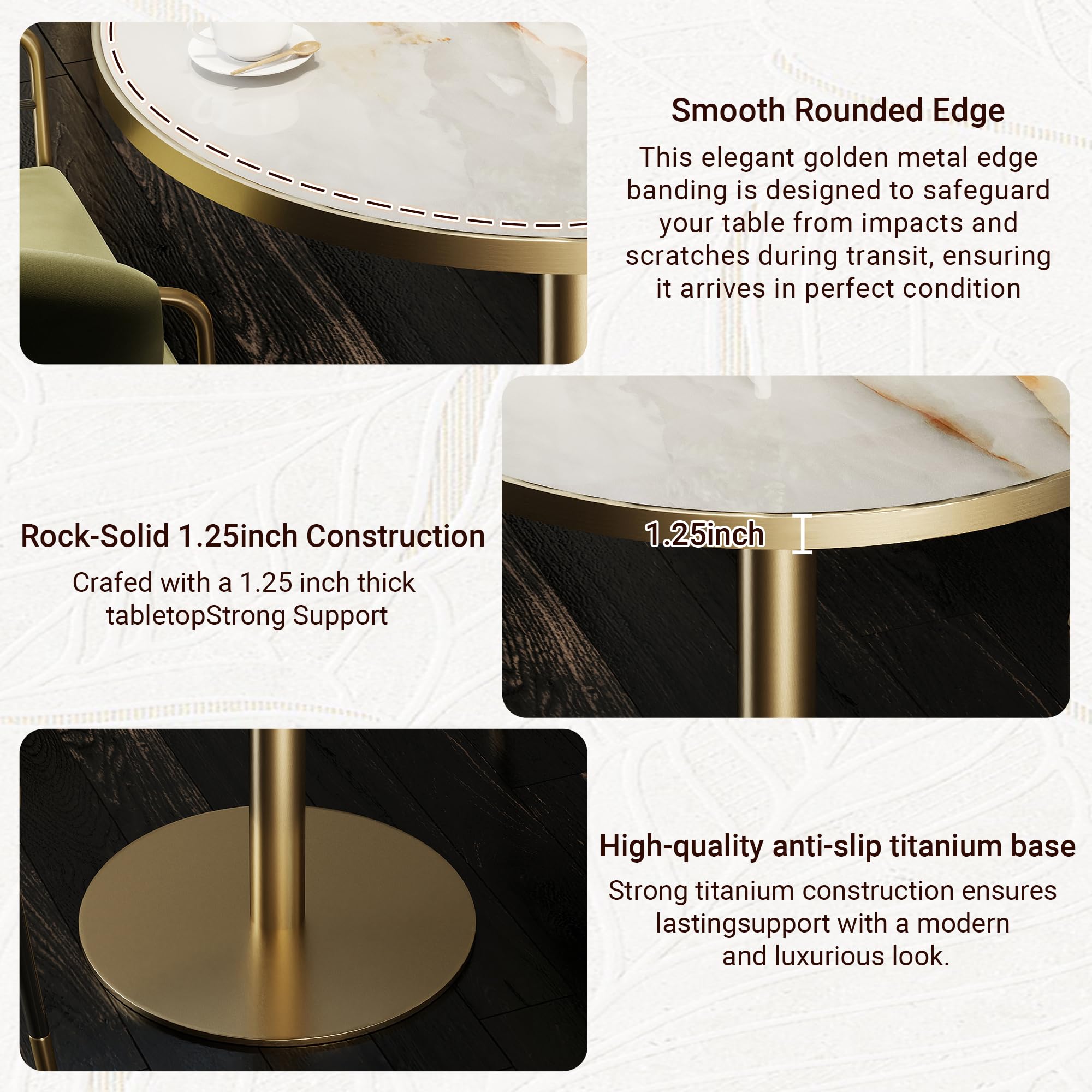 hausway 31.5" Tulip Table,Round Kitchen Dining Table for 2-4 with Thick Sintered Stone Top,Titanium Golden Pedestal Base,Heat-Resistant,Bistro Table for Dining Room,Café,Small Space（Sunrise Strings）