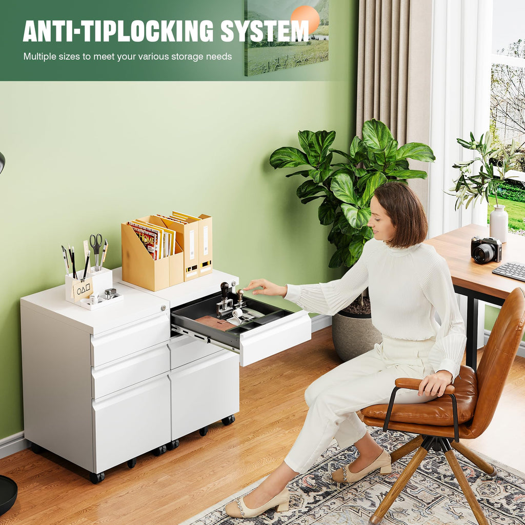 3 Drawer Mobile File Cabinet with Lock, Under Desk Metal Filing Cabinets for Home Office Organizer Letters/Legal/A4(Fully Assembled-White)