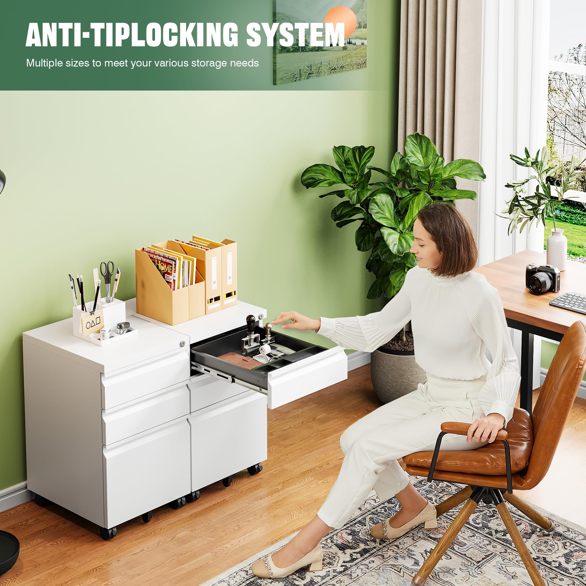 3 Drawer Mobile File Cabinet with Lock, Under Desk Metal Filing Cabinets for Home Office Organizer Letters/Legal/A4(Fully Assembled-White)