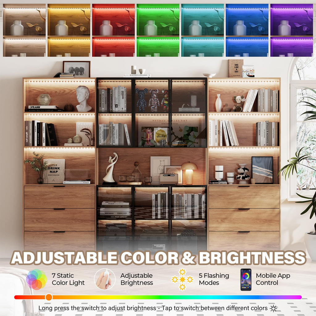 78.7" H Tall Bookcase Storage Cabinet with LED Lights and Drawers, 5 Tier Wood Storage Shelves with Glass Doors, Expandable Bookshelf Display Cabinet for Living Room, Home Office (A+C+A)