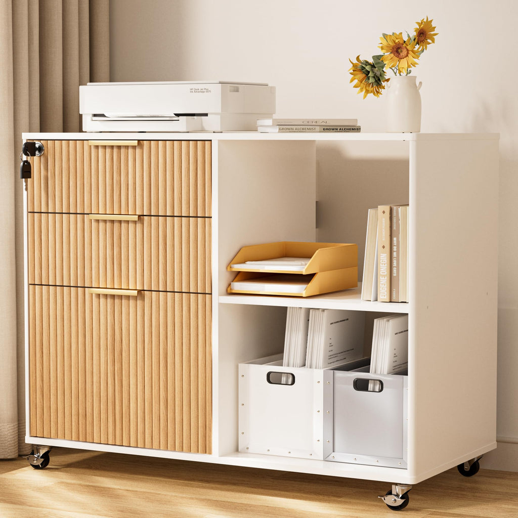 3 Drawer Fluted Mobile Filing Cabinet with Lock, Lateral Rolling Under Desk File Cabinet, Wooden Printer Stand Table for Home Office Essentials Storage Organization Furniture Letters/A4(Oak)