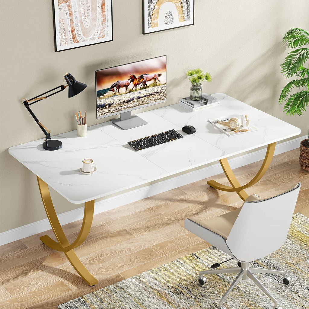 Executive Desk, 63” W x 31.5” D Large Office Desk, Modern Computer Desk Conference Table Meeting Room Table, Business Furniture for Home Office, White and Gold