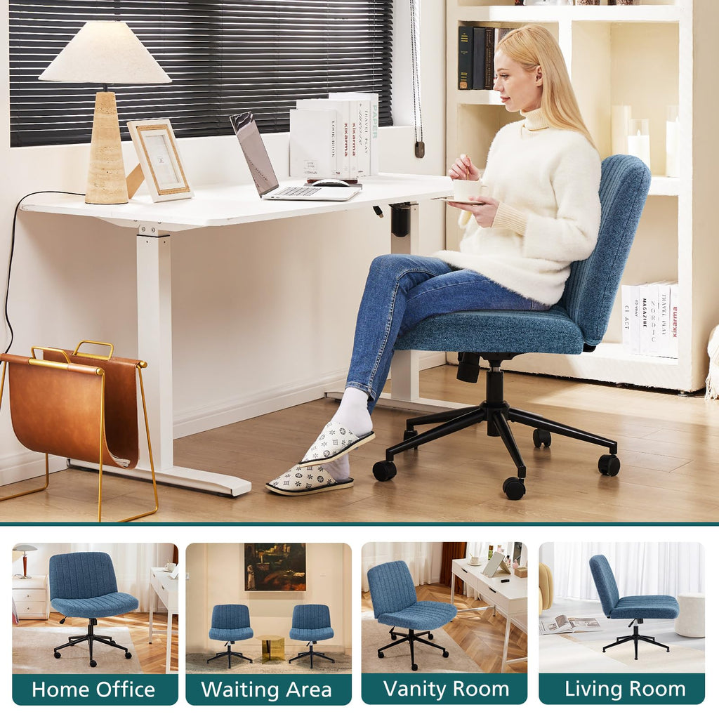 Criss Cross Chair with Wheels Wide Cross Legged Office Desk Vanity Chair Comfy Fabric Armless Height Adjustable Swivel for Home Computer Task Blue