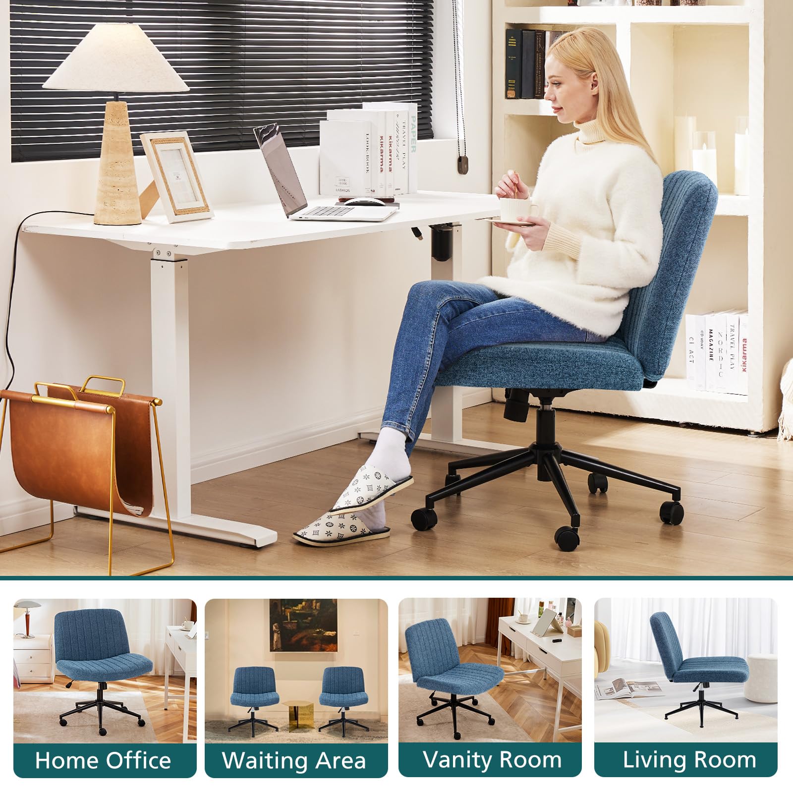 Criss Cross Chair with Wheels Wide Cross Legged Office Desk Vanity Chair Comfy Fabric Armless Height Adjustable Swivel for Home Computer Task Blue