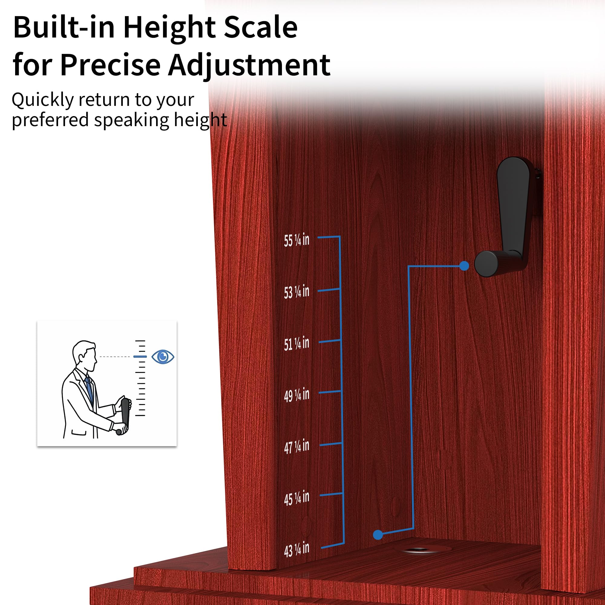 Wooden Podium Stand with Wheels, 41”–54.5” Height Adjustable Lectern, Mobile Podium with Crank Lift, Stable Base & Storage Shelf, Elegant Pulpit for Churches, Schools, Seminars and Auditoriums