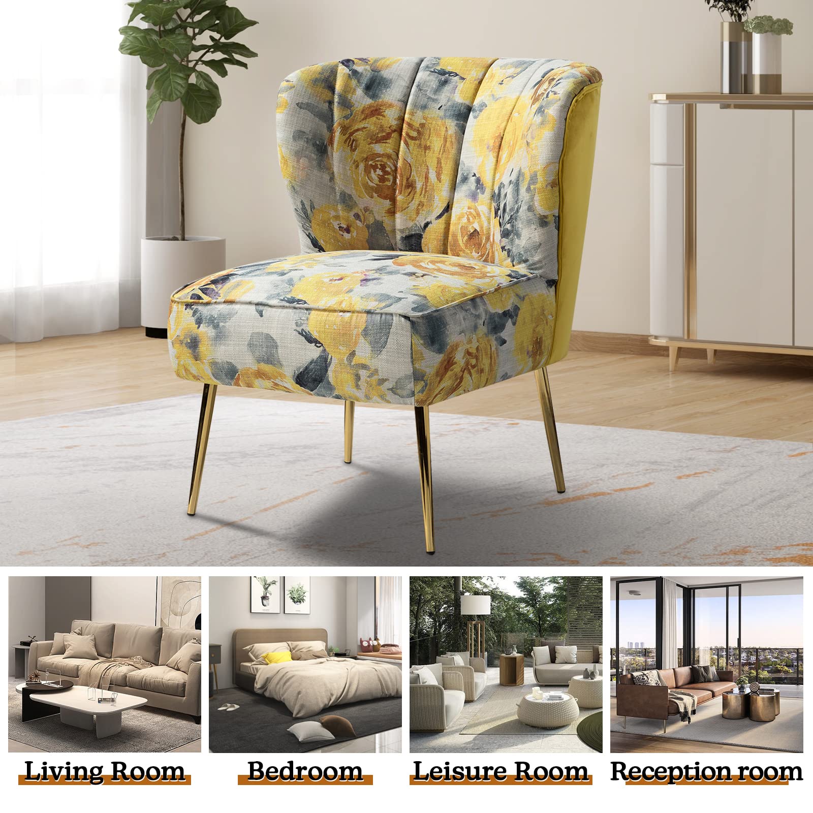 Accent Chair Set of 2 with Golden Legs, Comfy Floral Fabric Living Room Chair, Wingback Small Armless Side Chair, Upholstered Slipper Chair for Bedroom, Reading Room (Flower Print, YELLOW)