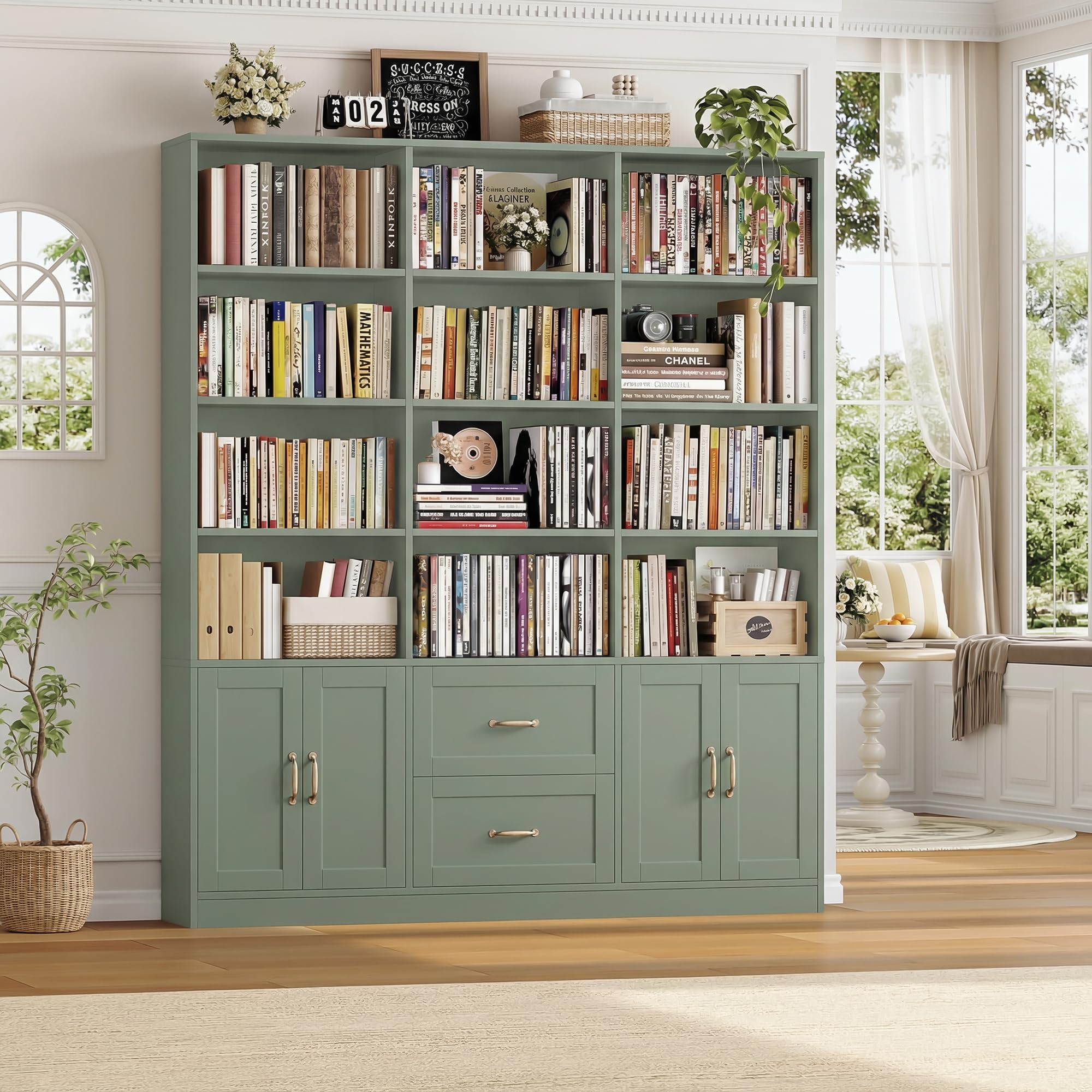 71" Tall Triple Wide Bookshelf with Storage Drawers & Doors, Green
