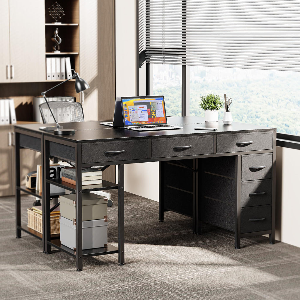 Computer Desk with 6 Drawers, Office Desk with Shelves, Reversible Gaming Desk, Corner Desk with Storage, Work for Home Office, Study, Living Room, 47inch, Black