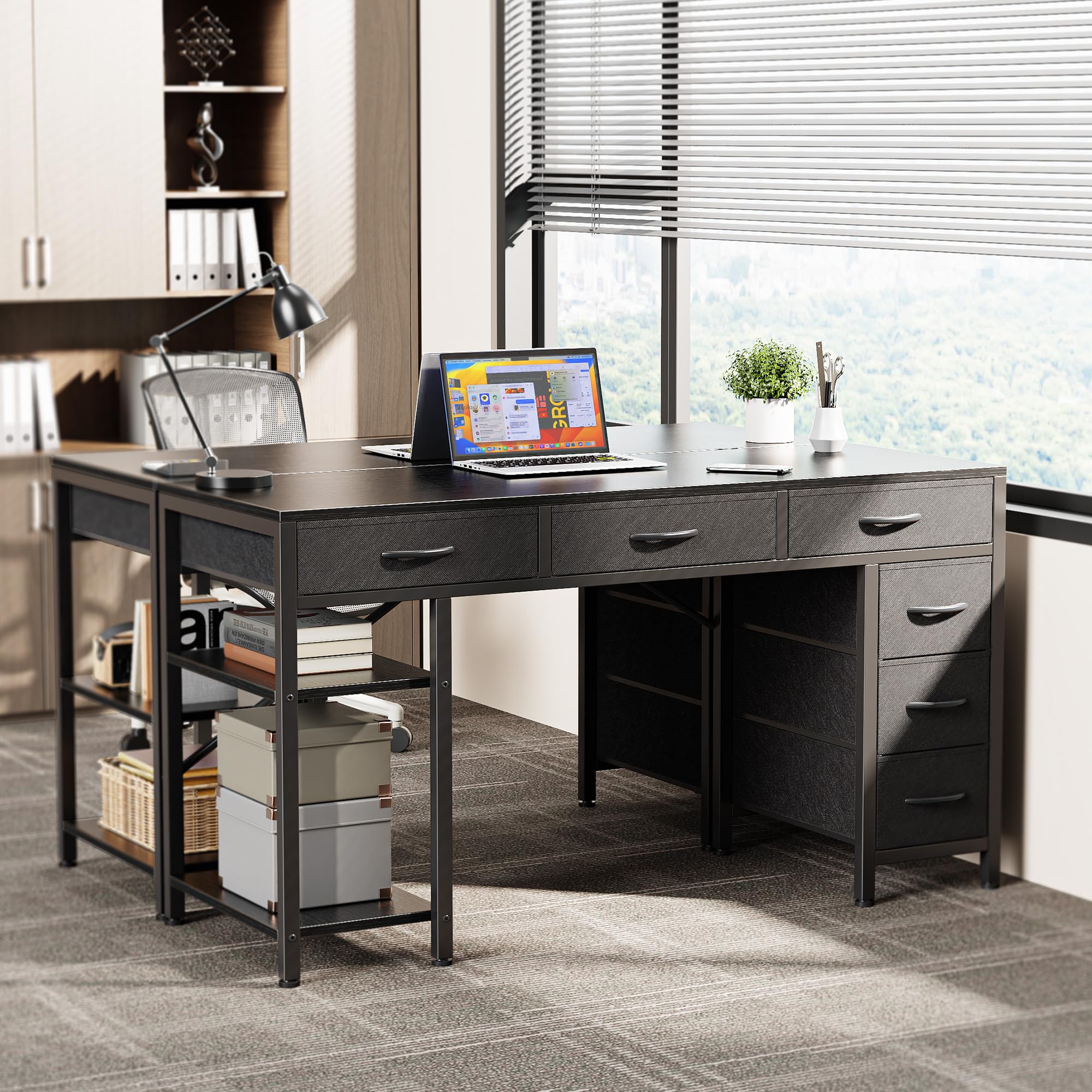 Computer Desk with 6 Drawers, Office Desk with Shelves, Reversible Gaming Desk, Corner Desk with Storage, Work for Home Office, Study, Living Room, 47inch, Black