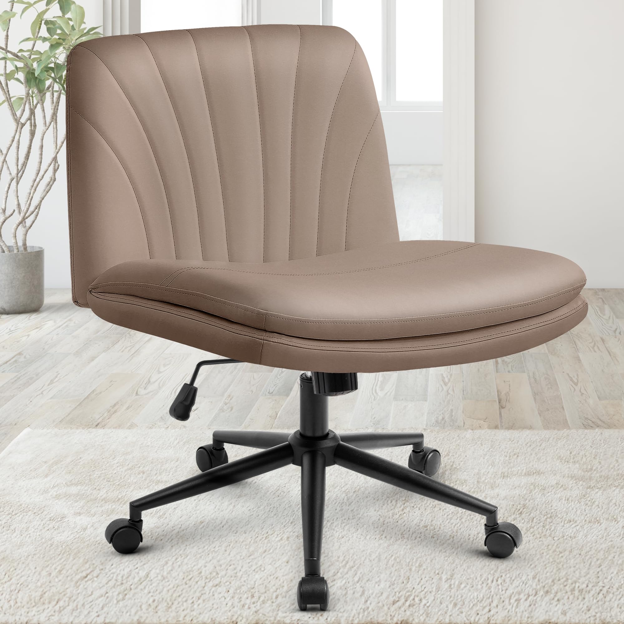 Criss Cross Chair with Wheels Comfy Wide Vanity Desk Chair Dual Base Leather Armless Adjustable Swivel for Home Computer Task (Brown Pu, Faux Leather)