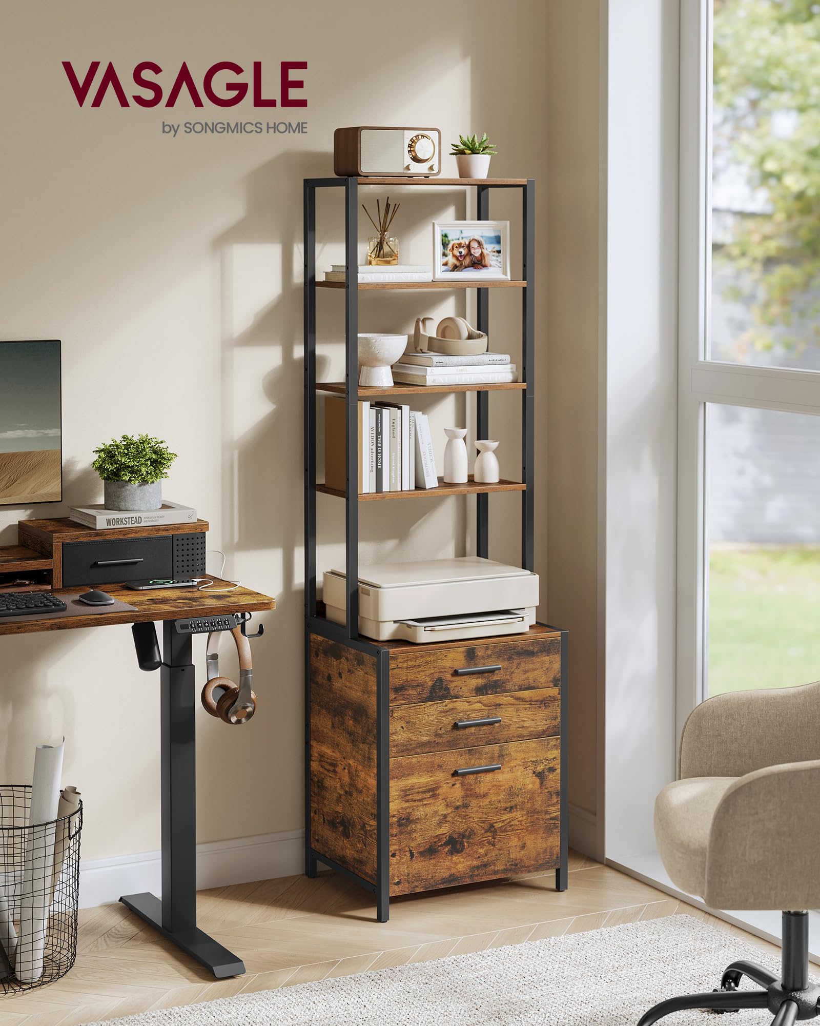 File Cabinet, Home Office Filing Cabinet with Height-Adjustable Open Shelves, 3 Drawers, for A4, Letter-Size Hanging File Folders, Steel Frame, for Home Office, Rustic Brown