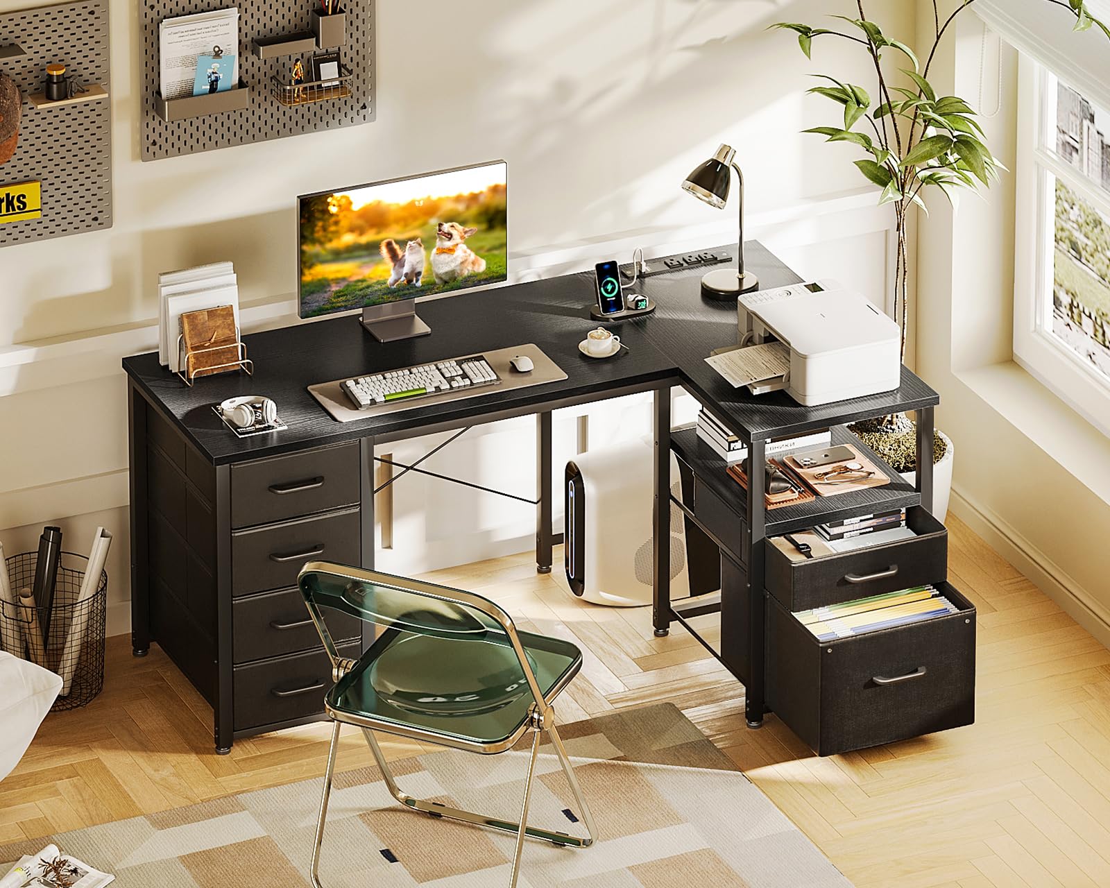 L Shaped Computer Desk with 6 Drawers & Power Outlet, 55 Inch Corner Desk with Reversible Storage Shelf & File Drawer, Home Office Desk, Black