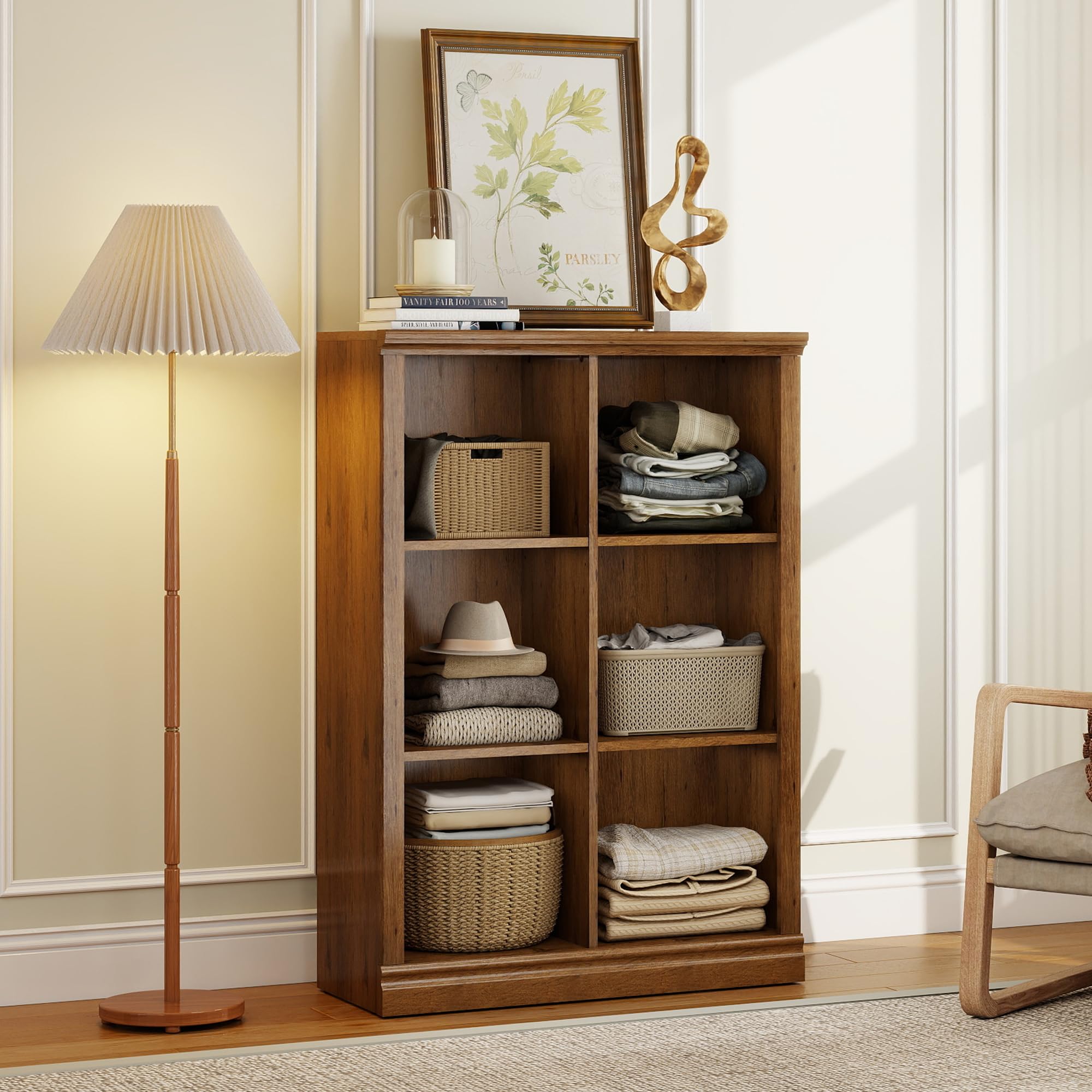 3 Tiers 6 Cube Storage Organizer Bookcase, 30 inch Width Wooden Book Shelf