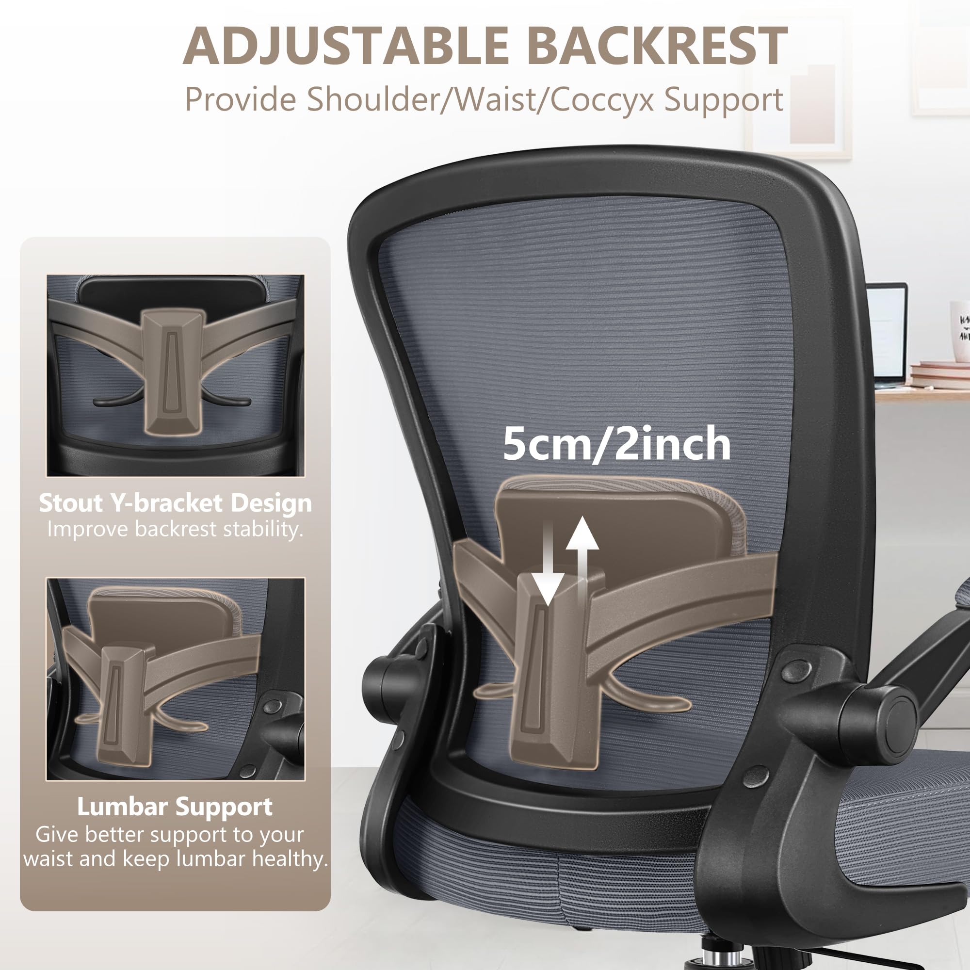 Office Chair, Ergonomic Desk Chair Breathable Mesh Chairs Adjustable High Back Lumbar Support Flip-up Armrests, Executive Rolling Swivel Comfy Computer Chairs Home Office Slate Gray