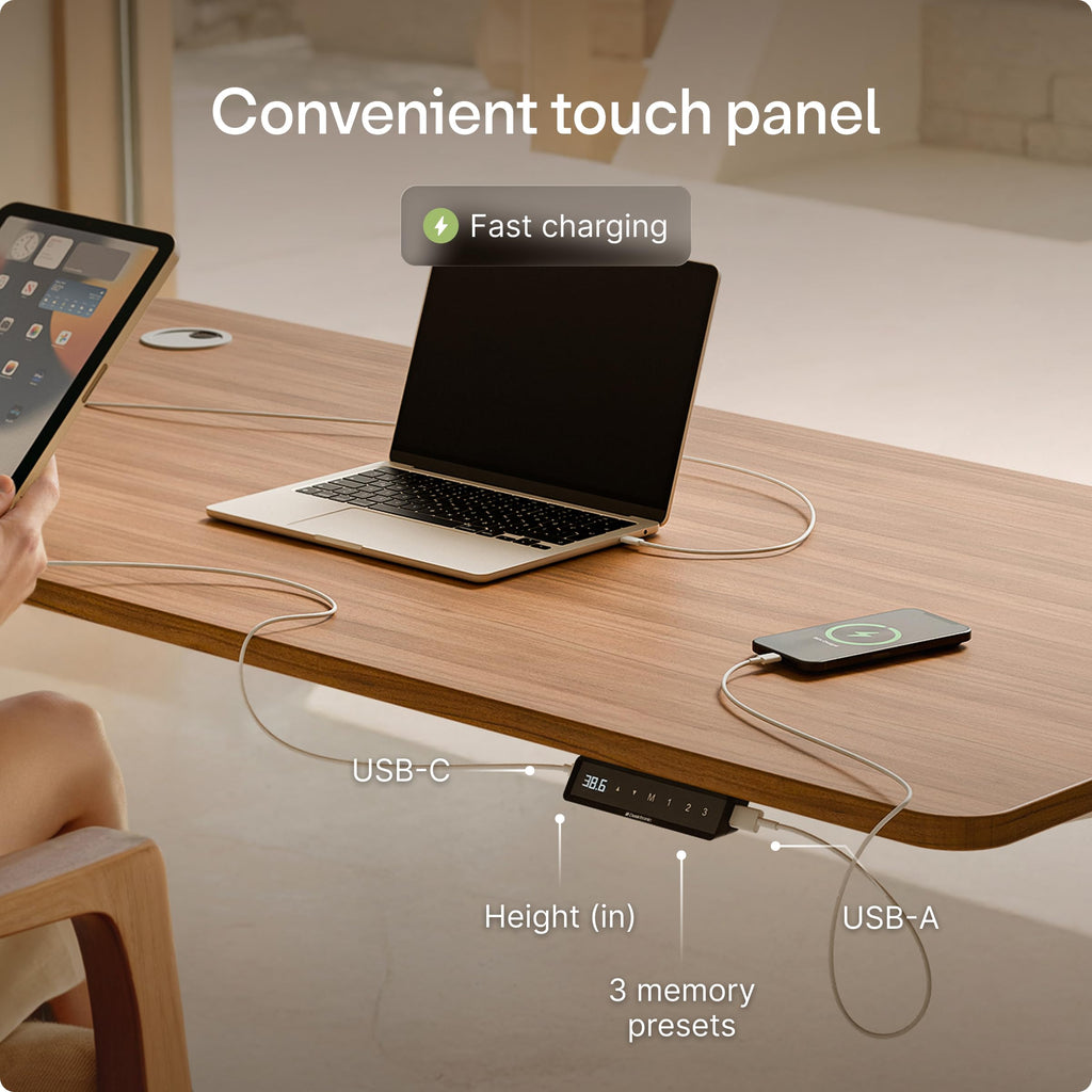 Standing Desk 54x28 — Made in Europe, Ergonomic Sit Stand Home Office Desk, Electric Height Adjustable, Dual Motor, USB & USB-C Charging, Wobble-Free, Touchscreen, 3 Memory Presets