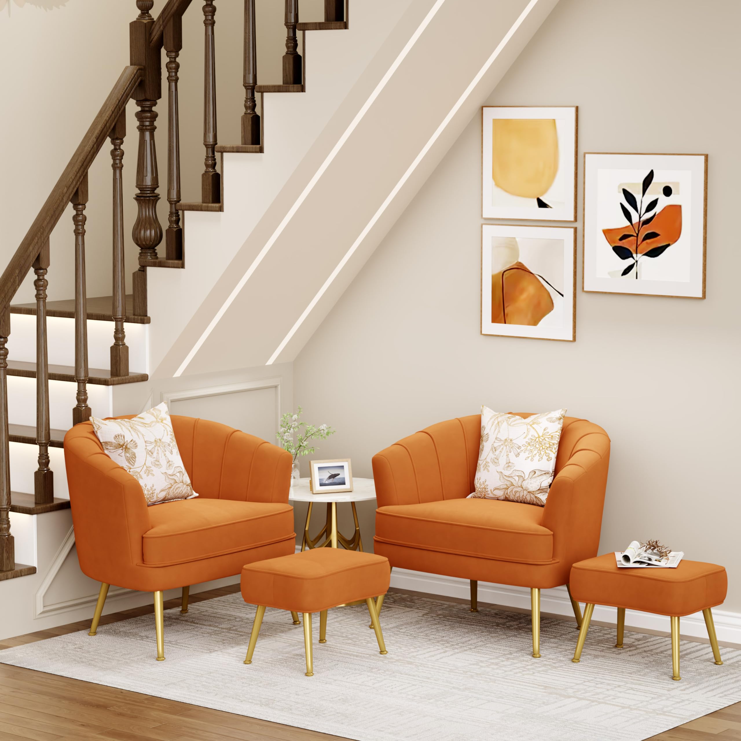 Velvet Accent Chair with Ottoman,Upholstered Modern Single Sofa Side Chair,Comfy Barrel Club Living Room Armchair with Golden Metal Legs for Office Bedroom Living Reading Room ,Caramel Orange