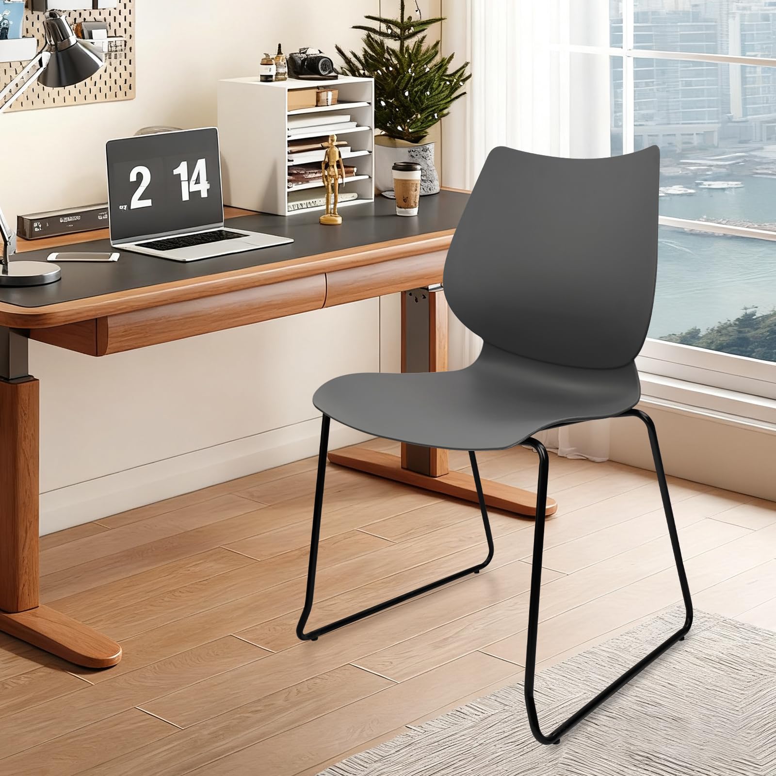 Set of 4, Stacking Waiting Room Chairs, Stacked Plastic Office Chair with Ergonomic Lumbar Support and Metal Legs for Conference School Church Guest Reception Grey
