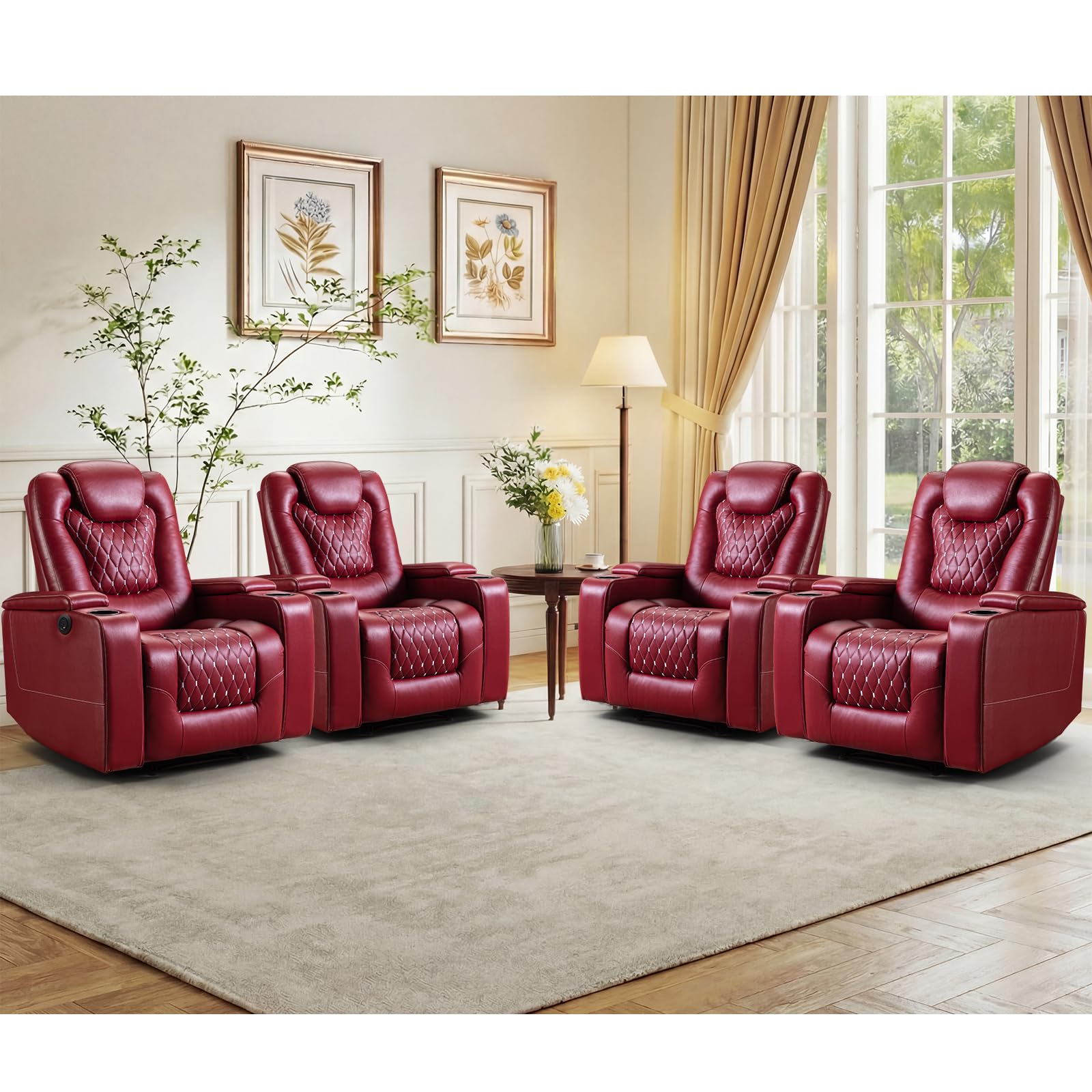 Power Recliner Chair Set of 4, Electric Soft Faux Leather Reclining Home Theater Seating - USB Ports, Cup Holders, Hidden Arm Storage Movie & Media Room Chairs (Red)