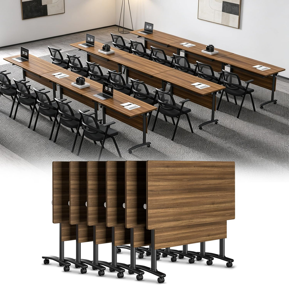 Folding Conference Table,6 Pack Walnut Flip Top Mobile Training Table