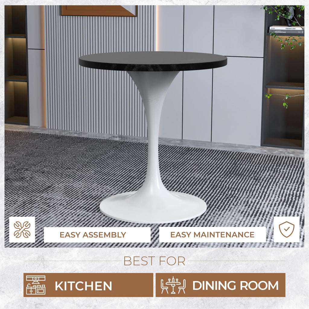 LeisureMod Verve Mid-Century Modern 27 Inch Round Dining Table, MDF Wood Tabletop with White Steel Pedestal Base, Contemporary Kitchen & Dining Room Table, Small Space Breakfast Table, Black