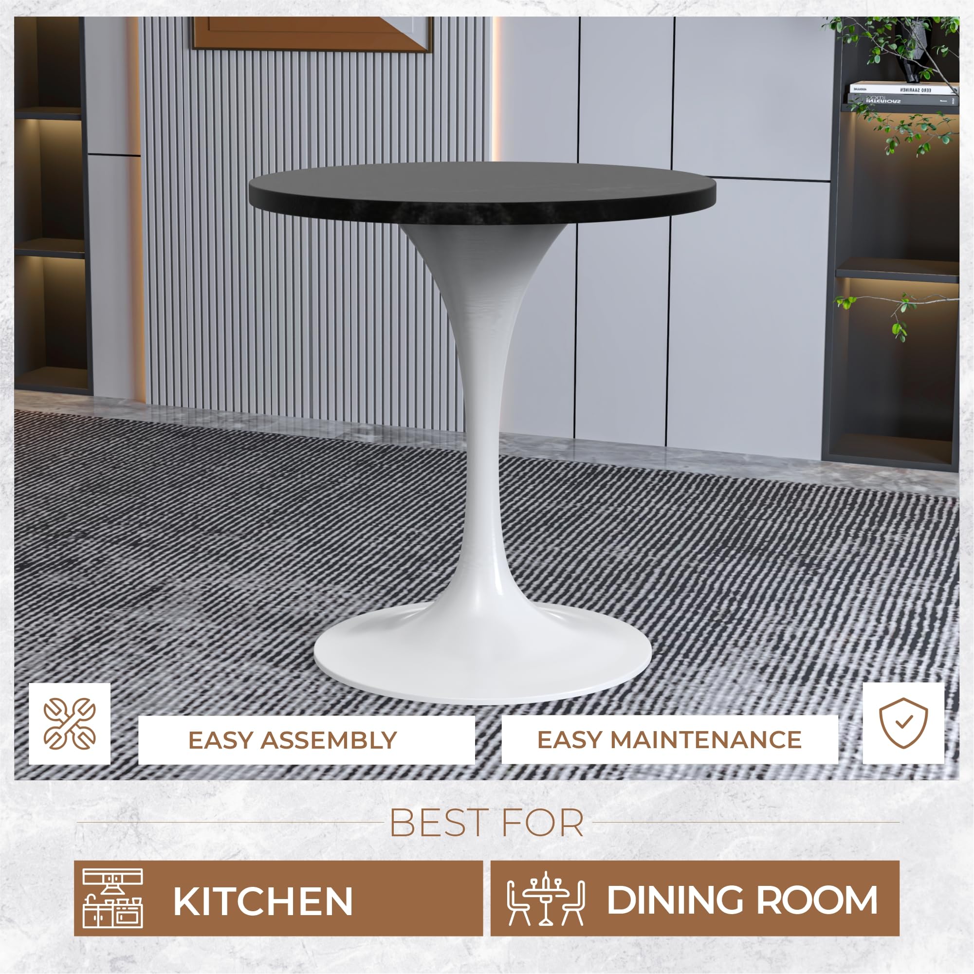 LeisureMod Verve Mid-Century Modern 27 Inch Round Dining Table, MDF Wood Tabletop with White Steel Pedestal Base, Contemporary Kitchen & Dining Room Table, Small Space Breakfast Table, Black