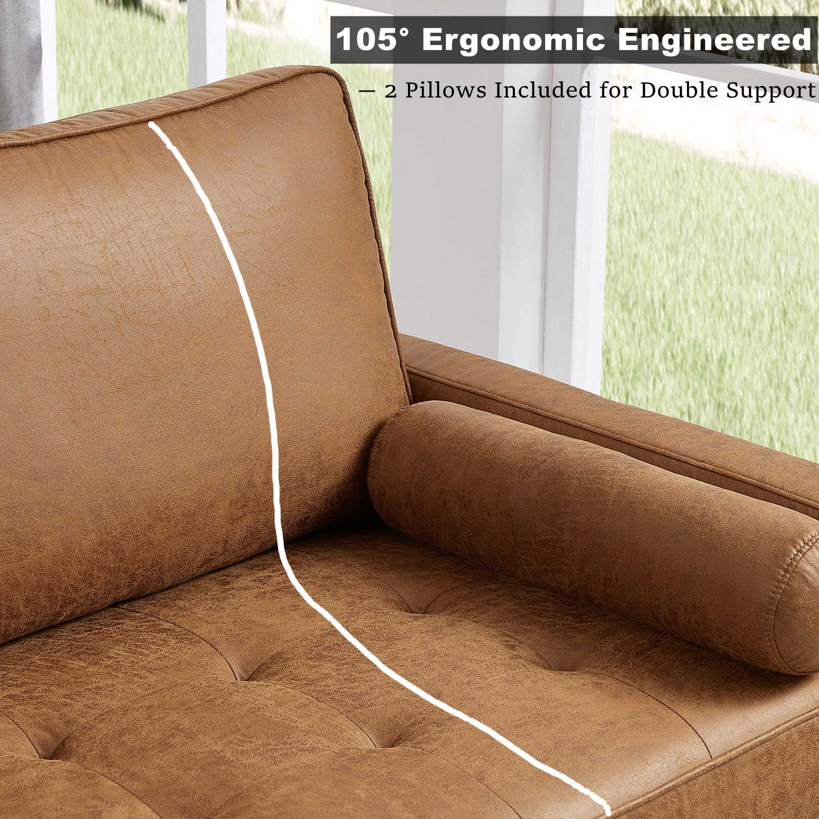 58" Loveseat Sofa Couch, Mid Century Modern Faux Leather Couch with Hand-Sewn Deep Love Seat & 2Pillows, Sofa for Office, Small Space, Bedroom, Solid Wood Frame, Brown
