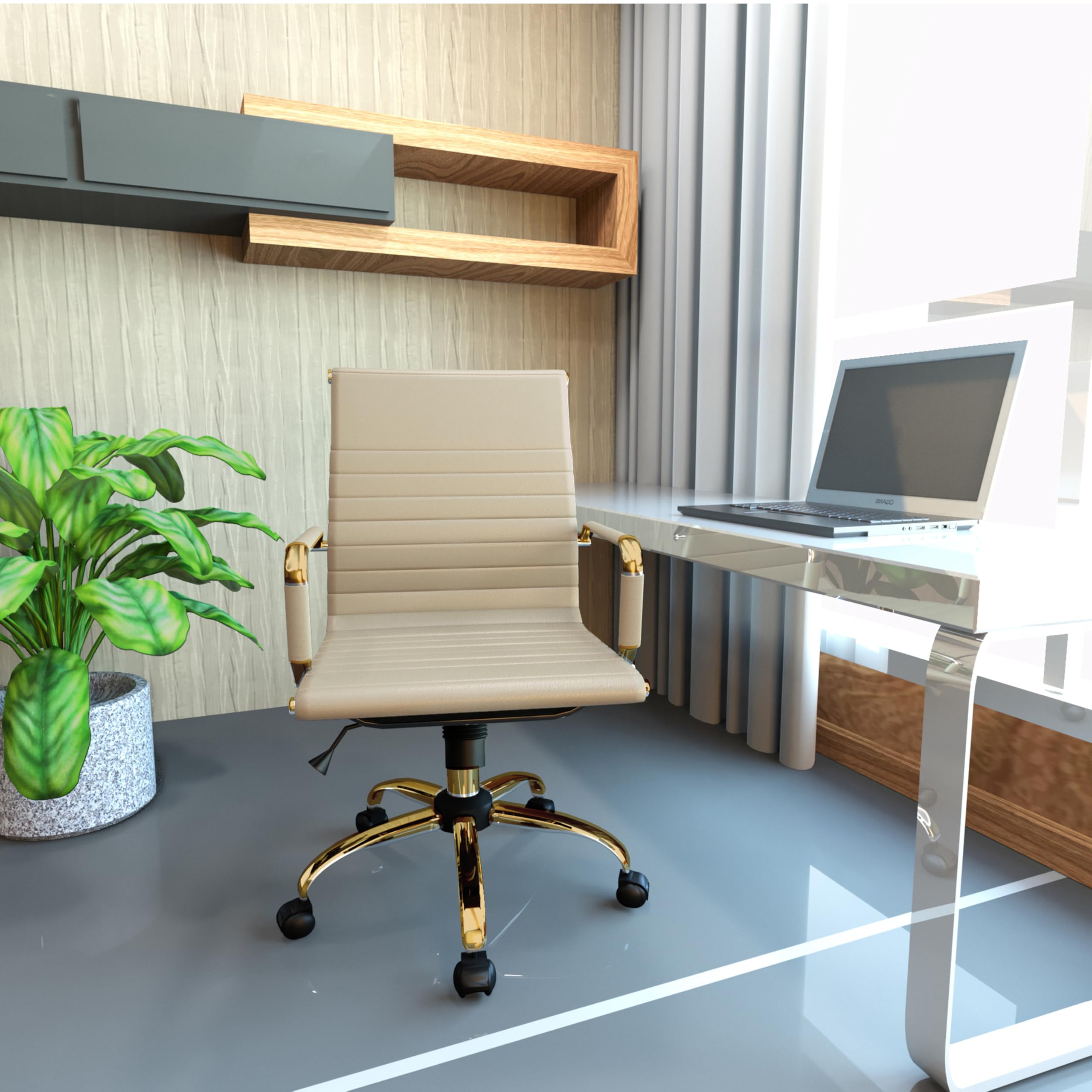 Modern Ergonomic Executive Office Chair, High-Back Leather Conference Desk Chair with Adjustable Height, Tilt Control, 360° Swivel & Gold Frame for Home Office