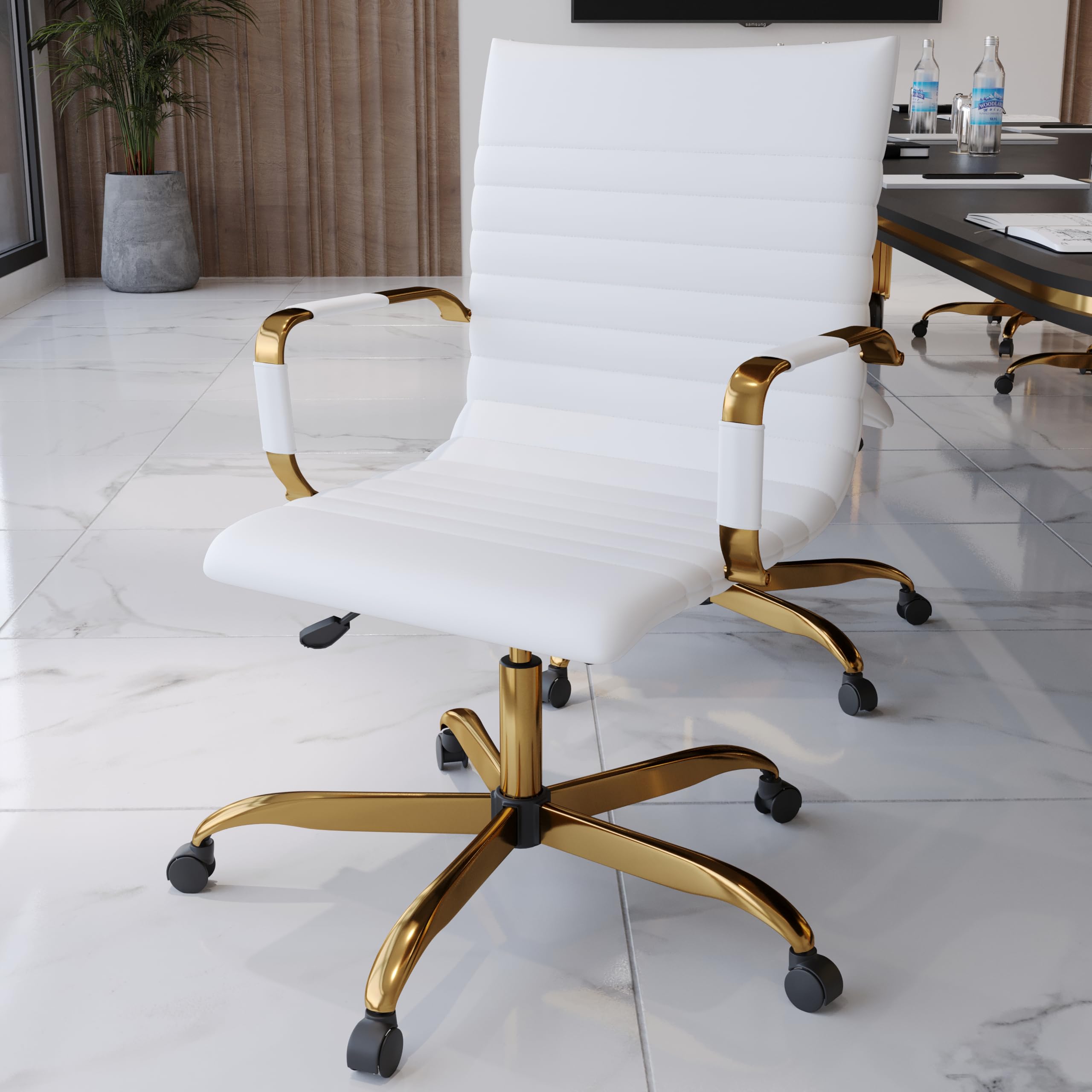 Modern Ergonomic Executive Office Chair, High-Back Leather Conference Desk Chair with Adjustable Height, Tilt Control, 360° Swivel & Gold Frame for Home Office