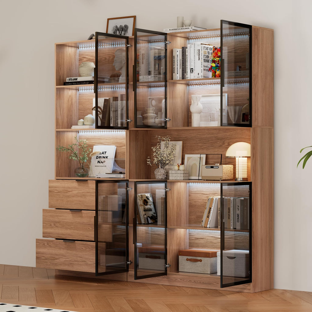 78.7" H Tall Bookcase Storage Cabinet with LED Lights and Drawers, 5 Tier Wood Storage Shelves with Glass Doors, Expandable Bookshelf Display Cabinet for Living Room, Home Office (A+C)