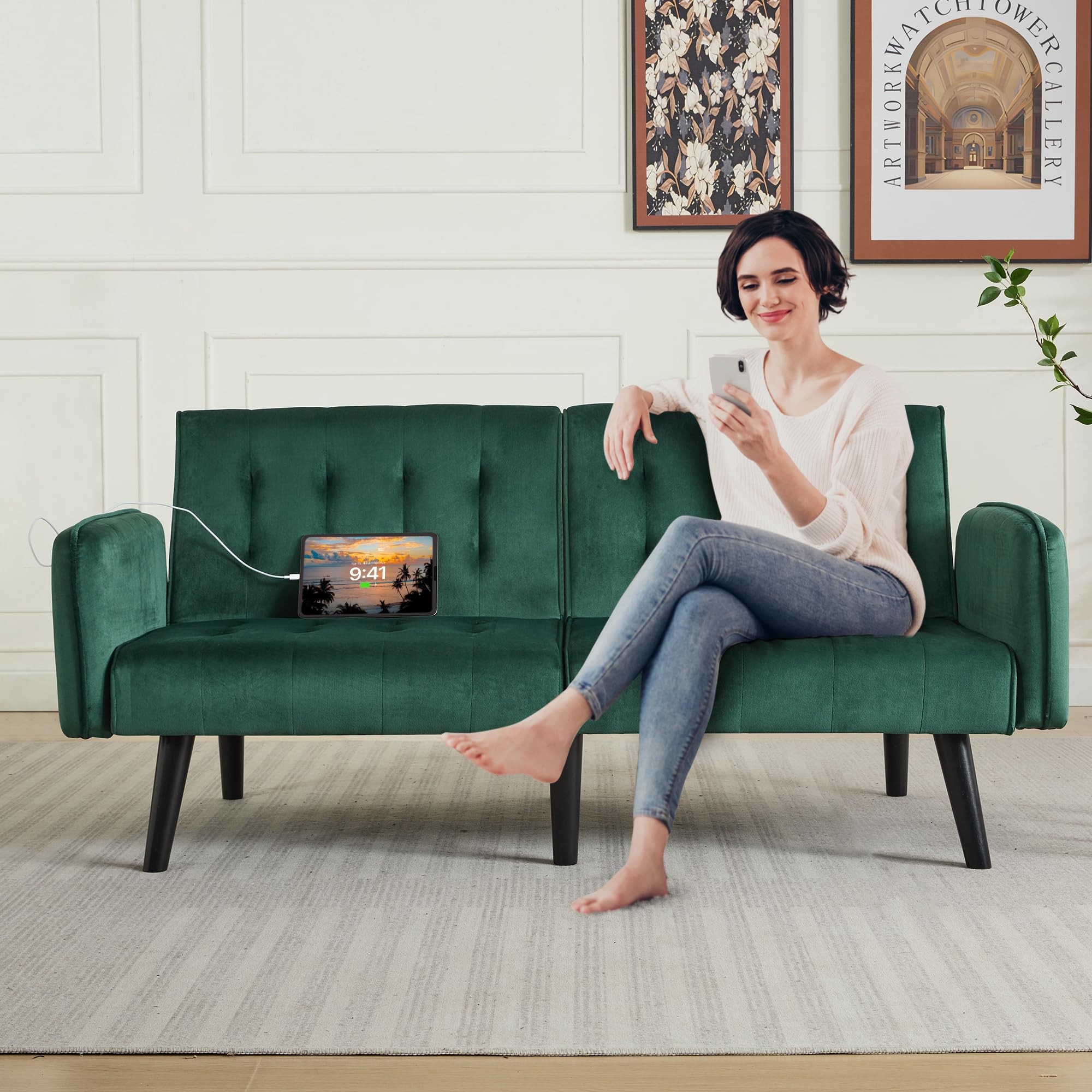 65" W Velvet Modern Convertible Folding Futon Couch Sofa Bed w/ 2 USB Charging Ports and arms, Loveseat for Office, Living Room, Apartment, Bedroom (Green)