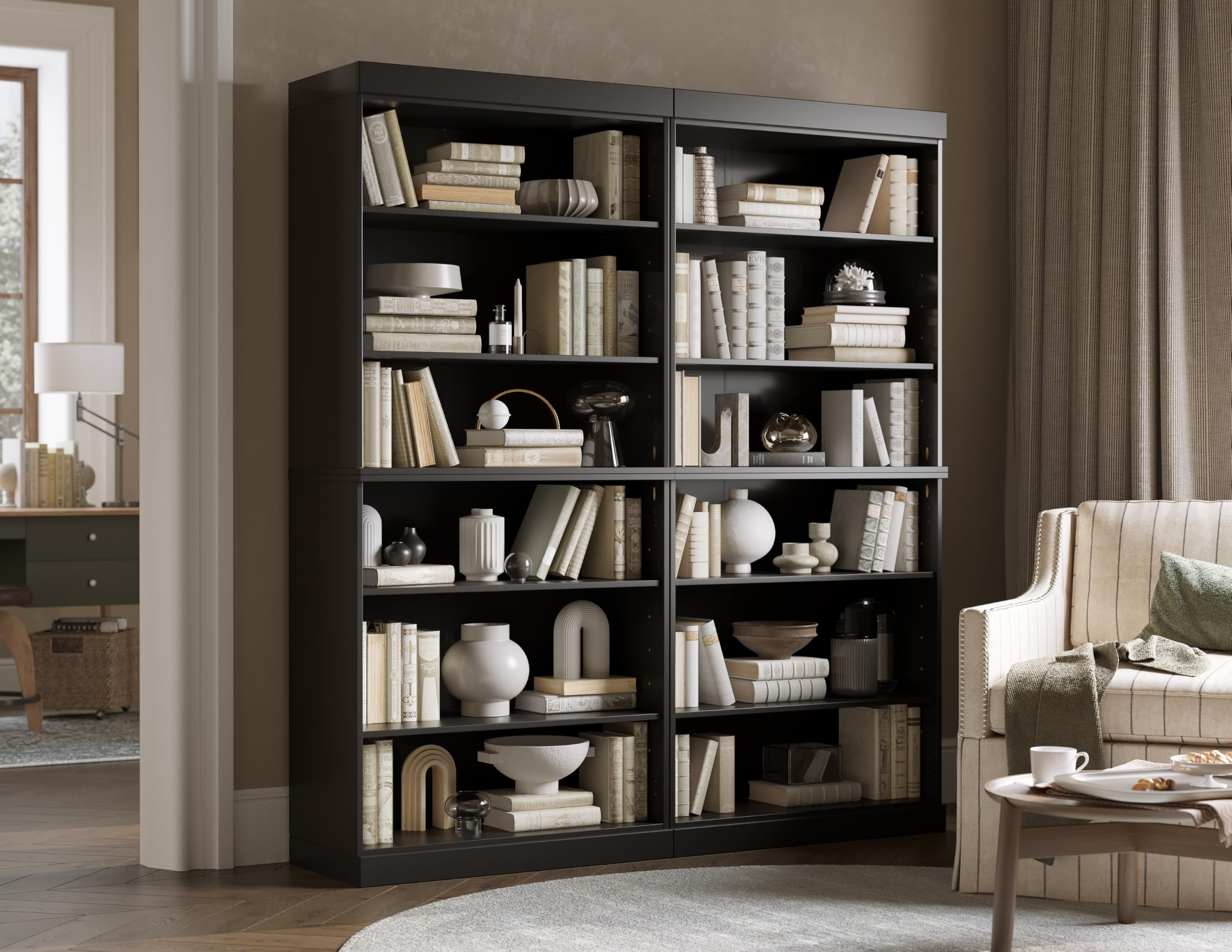 Solid Wood Bookcase - 64" Wide Wooden Bookshelf - 12-Shelf Black Bookcase, Modular Cabinets with Adjustable Shelves - 71.5" Tall Bookcases for Living Room - 100% Eco-Friendly Wood