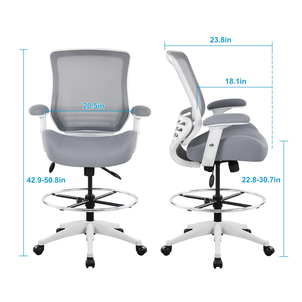 400lbs Mesh Ergonomic Office Drafting Chair Big Adjustable Foot Ring Height Adjustable Armrest (Grey)