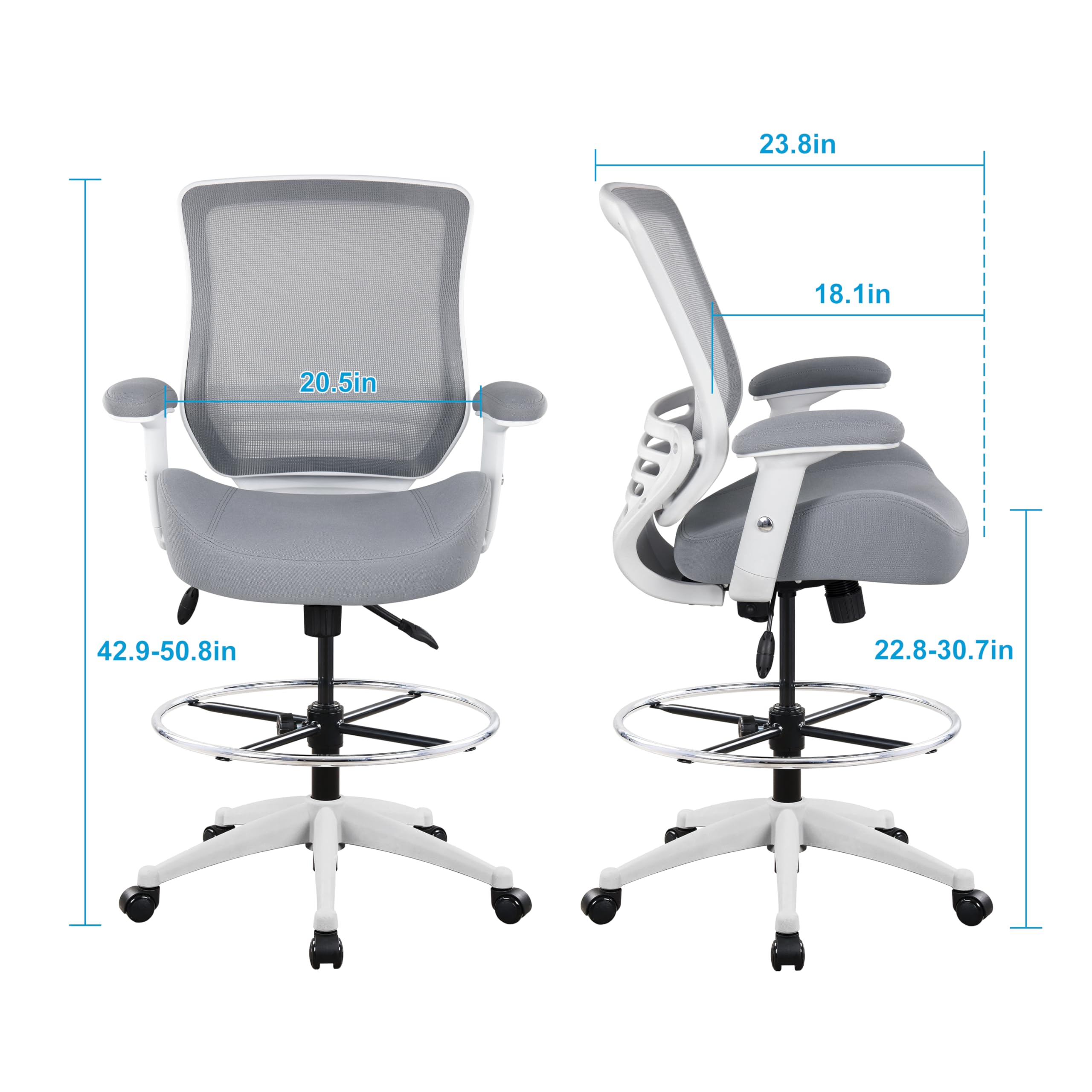 400lbs Mesh Ergonomic Office Drafting Chair Big Adjustable Foot Ring Height Adjustable Armrest (Grey)