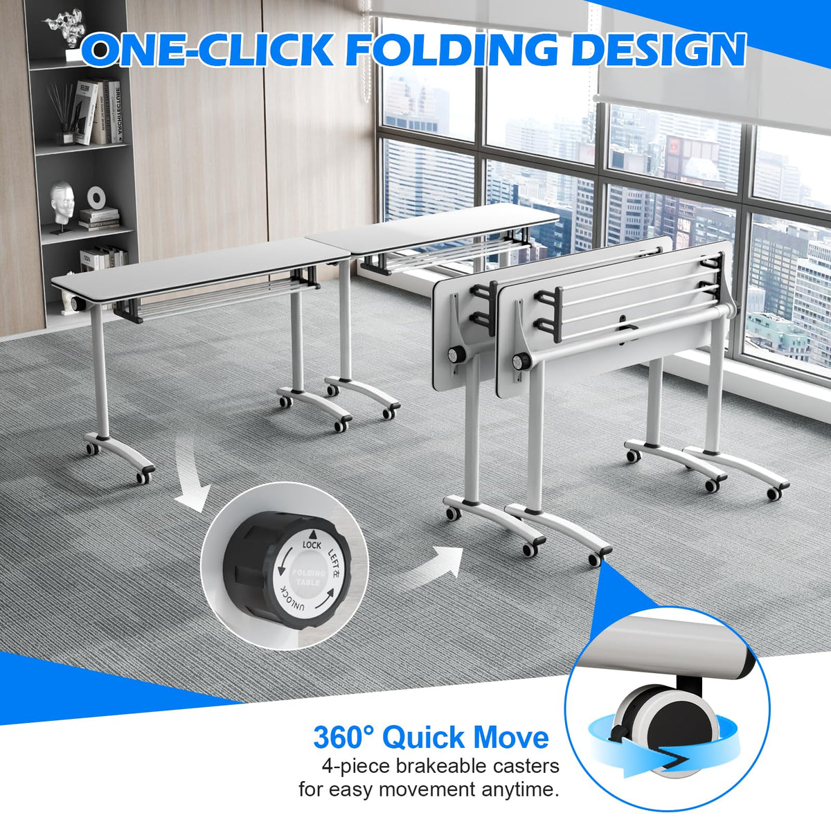 Conference Room Tables White,Folding Rectangular Flip Top Conference Table with Wheels for Large Meeting Seminar Home Office Classr (6, Little White, 47.2 * 15.7in)