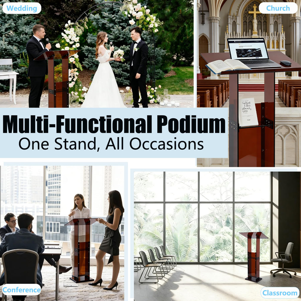 Acrylic Podium Stand 45.5" with Storage Shelf, Modern Amber Lectern Professional Presentation Podiums with Reading Platform for School, Classroom, Weddings, Conference, Concert, Events, Church