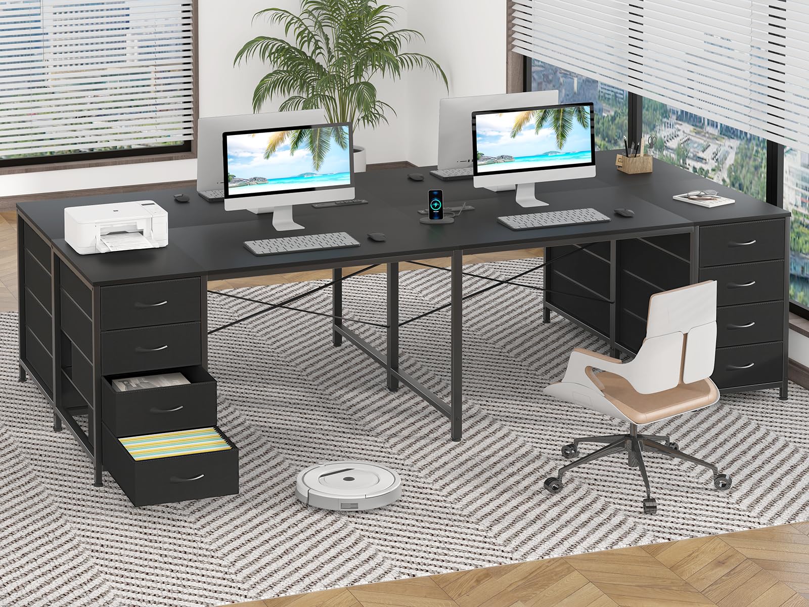 95'' Two Person Desk with 8 Drawers, Long Office Desk with Charging Station, 2 Person Desks Double Desk Writing Study Table for Home Office, Black