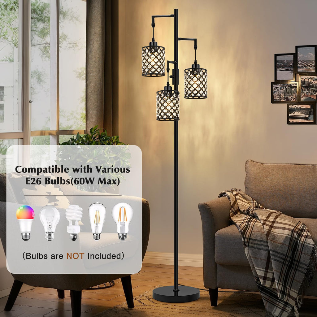 Crystal Floor Lamps for Living Room, 3-Light Black Floor Lamp, Standing Tall Lamp with Elegant K9 Crystal Shade & Rotary Switch, Modern Corner Floor Lamp for Bedroom, Home Office, Reading