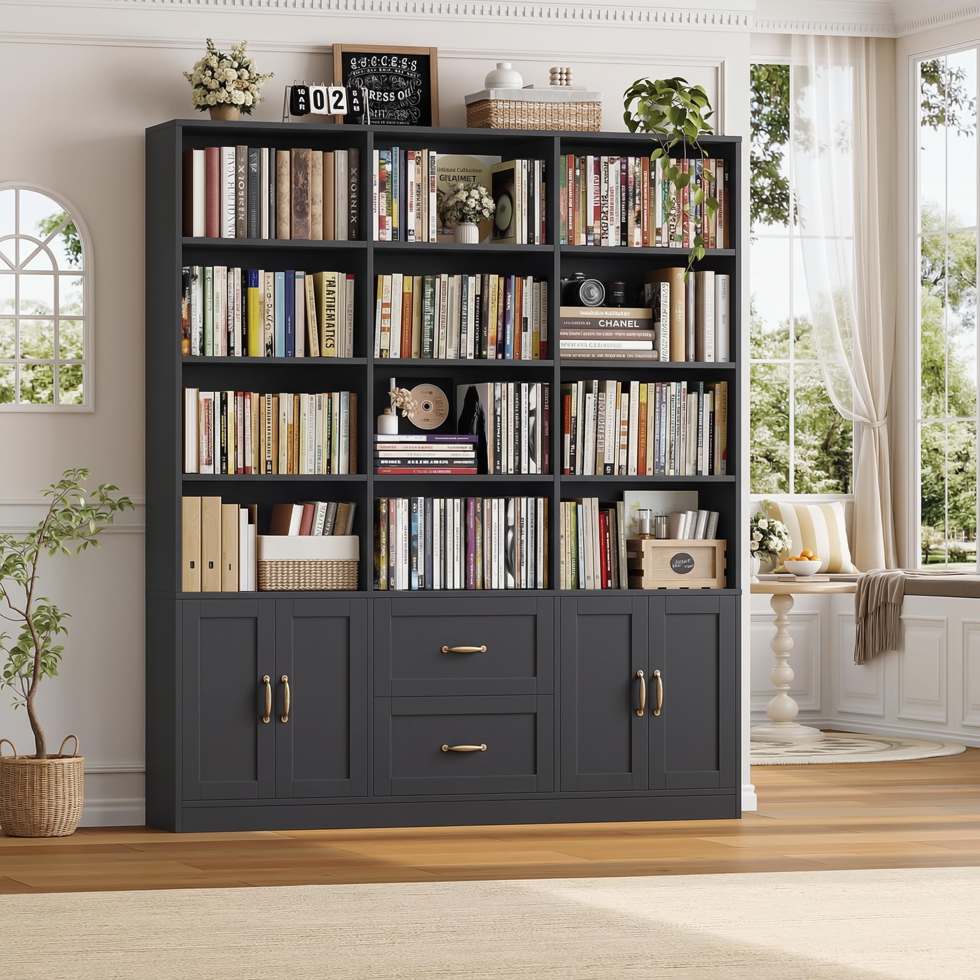 71" Tall Triple Wide Bookshelf with Storage Drawers & Doors, Black