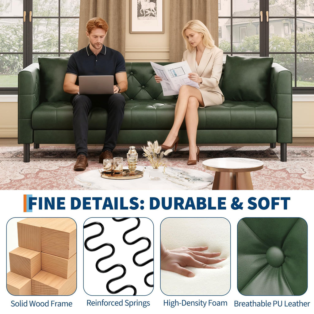 81 in Leather Couch, Modern Sofa Couch with Deep Seat, Handmade Button Tufted 3 Seater Sofa, Leather Sofa for Apartment, Office, Green