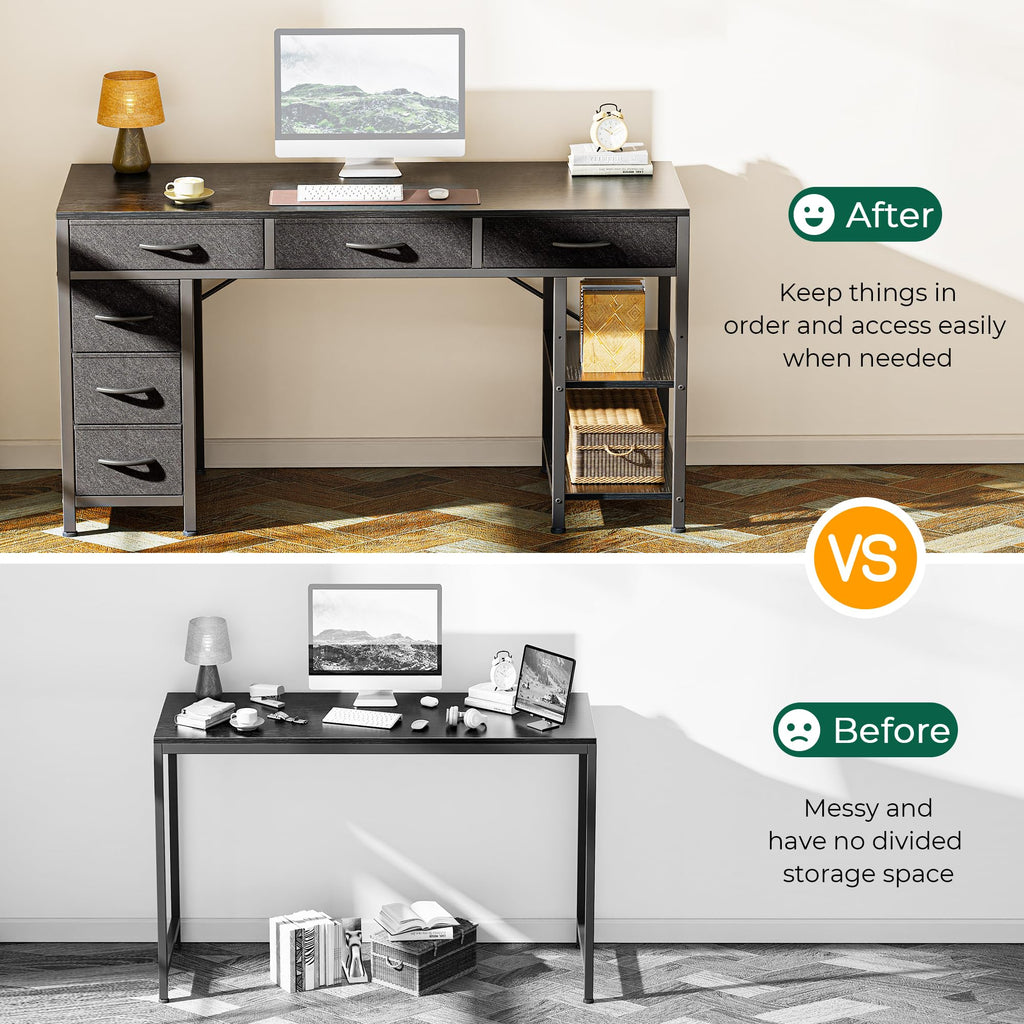 Computer Desk with 6 Drawers, Office Desk with Shelves, Reversible Gaming Desk, Corner Desk with Storage, Work for Home Office, Study, Living Room, 47inch, Black