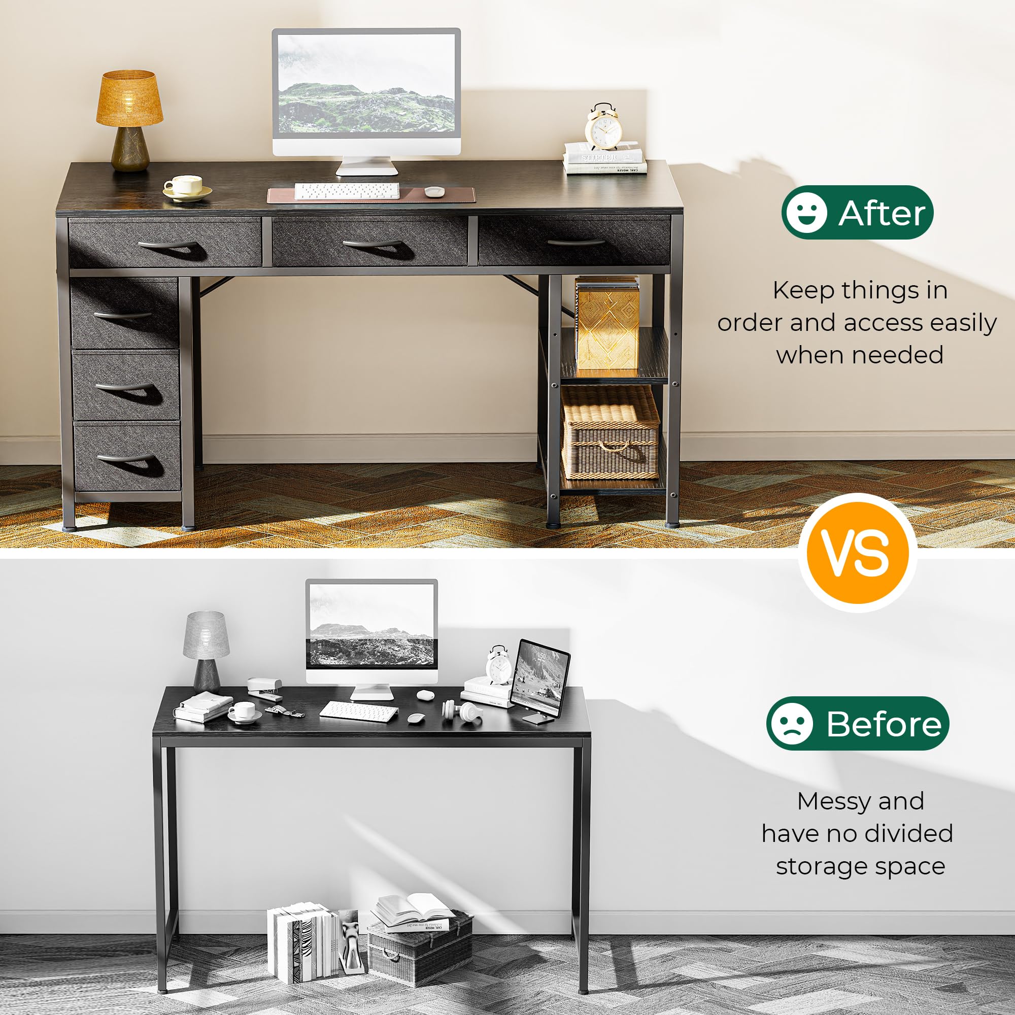 Computer Desk with 6 Drawers, Office Desk with Shelves, Reversible Gaming Desk, Corner Desk with Storage, Work for Home Office, Study, Living Room, 47inch, Black