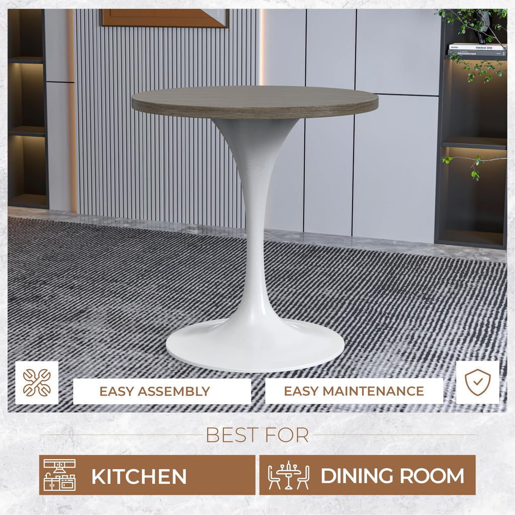 LeisureMod Verve Mid-Century Modern 27 Inch Round Dining Table, MDF Wood Tabletop with White Steel Pedestal Base, Contemporary Kitchen & Dining Room Table, Small Space Breakfast Table, Dark Maple