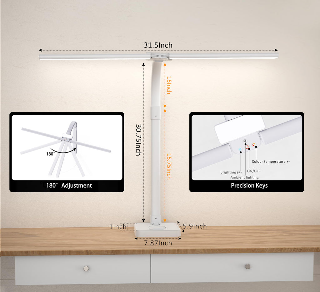 Double Head LED Desk Lamp, Architect Desk Lamps for Office, 24W Brightest Workbench Office Lighting-5 Color Modes and 5 Dimmable Eye Protection Modern Desk Lamp (White-Desktop, Big)