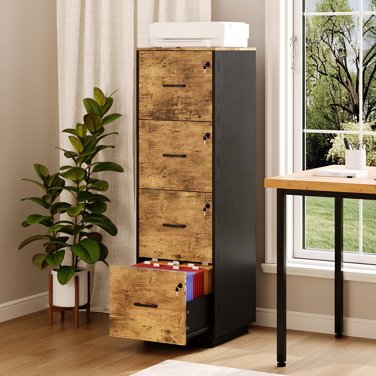 4 Drawer File Cabinet with Lock, Home Office Filing Organizer, for Letter Size File Folder Storage, Wood Tall Vertical Filing Cabinet, Printer Stand, Archivador (Rustic Brown)