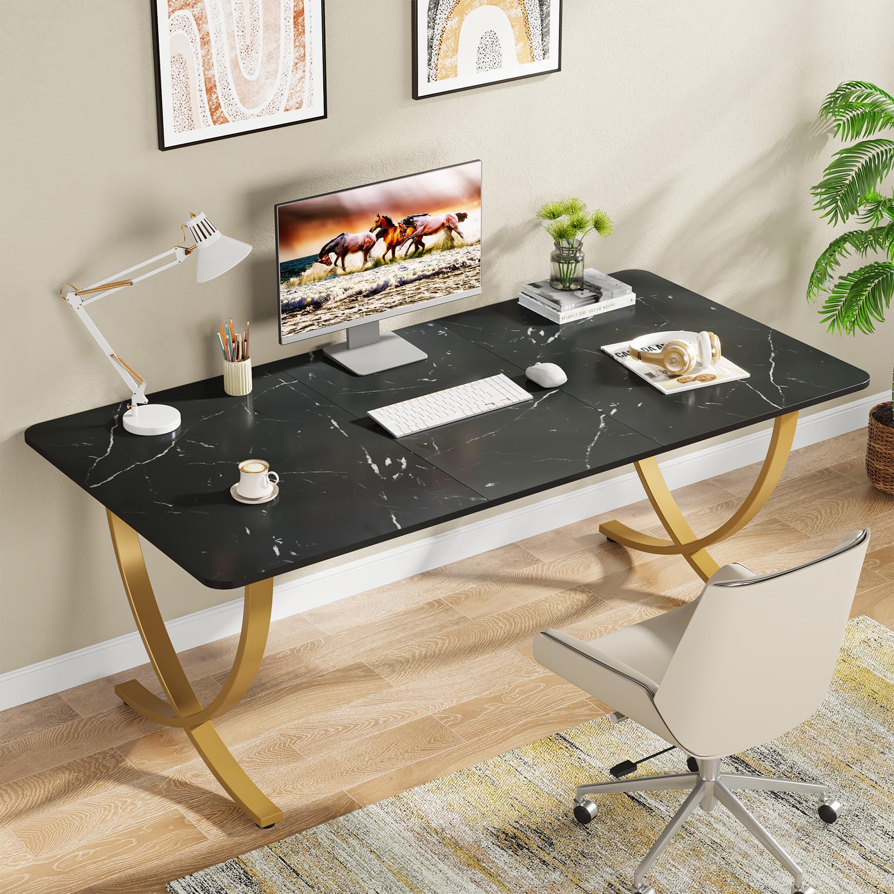 Executive Desk, 63” W x 31.5” D Large Office Desk, Modern Computer Desk Conference Table Meeting Room Table, Business Furniture for Home Office, Black and Gold